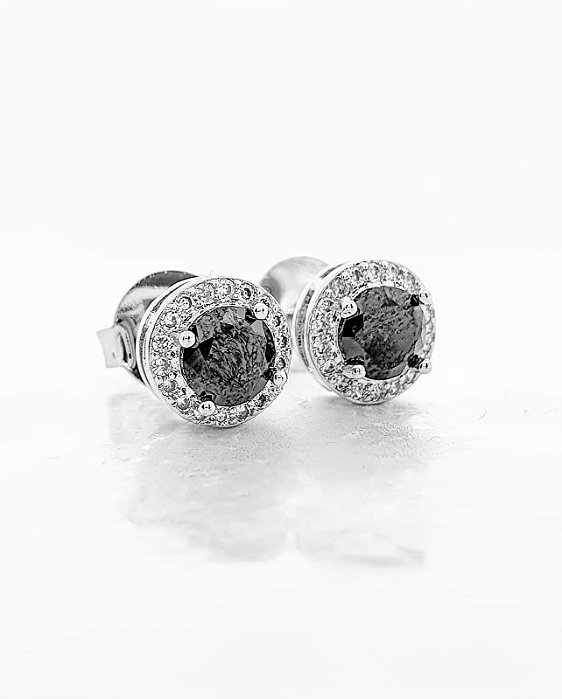 Brinco Masculino Par Redondo Cravejado Fílip 1 Pedra Preta (7mm) Banhado A Ouro Branco BRI037