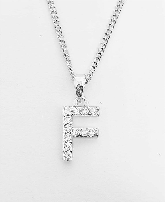 Pingente Cravejado Letra F (10X9CM) Banhado A Ouro Branco PIN068