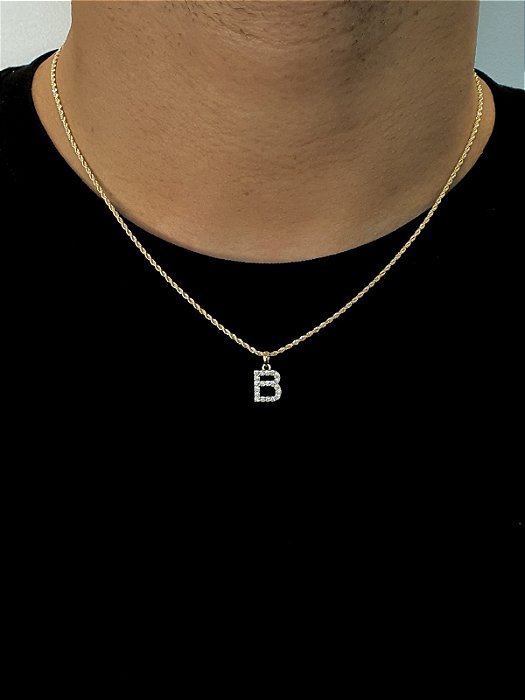 Corrente Cordão Baiano 50cm 1,6mm + Pingente Cravejado Letra B (10X9mm) Banhado A Ouro 18k COR003-PIN032