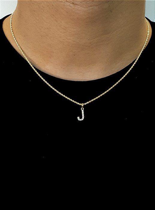 Corrente Cordão Baiano 50cm 1,6mm + Pingente Cravejado Letra J (10X9mm) Banhado A Ouro 18k COR003-PIN029