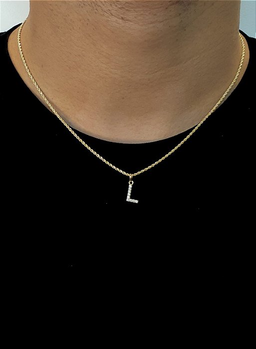 Corrente Cordão Baiano 50cm 1,6mm + Pingente Cravejado Letra L (10X9mm) Banhado A Ouro 18k COR003-PIN052