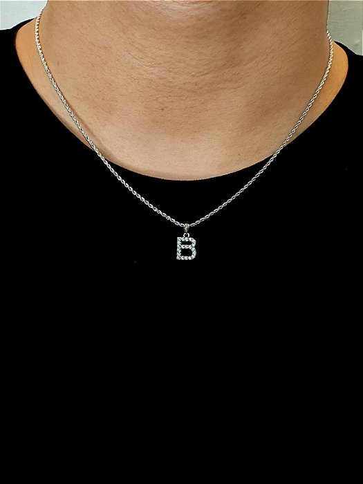 Corrente Cordão Baiano 50cm 1,6mm + Pingente Cravejado Letra B (10X9mm) Banhado A Ouro Branco COR001-PIN055