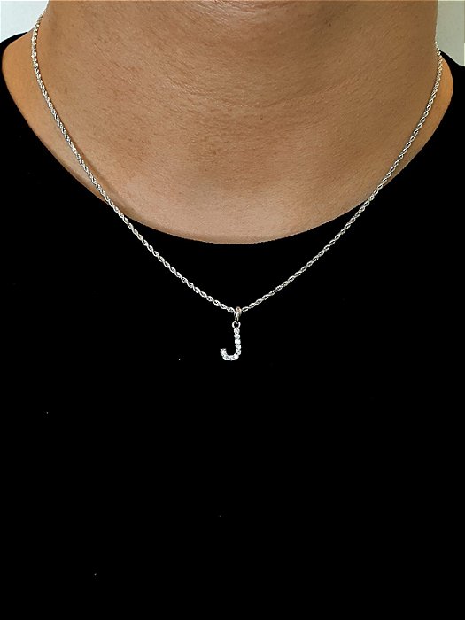 Corrente Cordão Baiano 50cm 1,6mm + Pingente Cravejado Letra J (10X9mm) Banhado A Ouro Branco COR001-PIN054