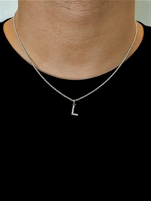 Corrente Cordão Baiano 50cm 1,6mm + Pingente Cravejado Letra L (10X9mm) Banhado A Ouro Branco COR001-PIN025