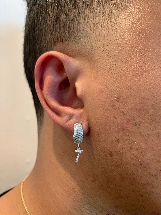 Brinco Masculino Par Argola Cravejada Com Número 7 + Letra (escolher) Pendurada (9,8X8,8mm) Banhado A Ouro Branco BRIN00