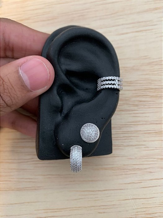 Kit Brinco Masculino Par Argola 4 Fileiras G + Redondo G + Piercing Banhado A Ouro Branco BRI025-BRI008-PIER001