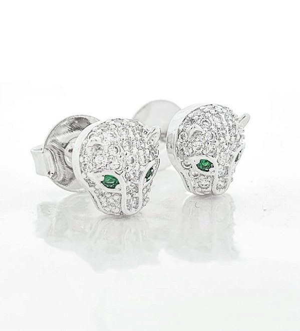 Brinco Masculino Par Tigre Olho Verde Banhado A Ouro Branco BRI007