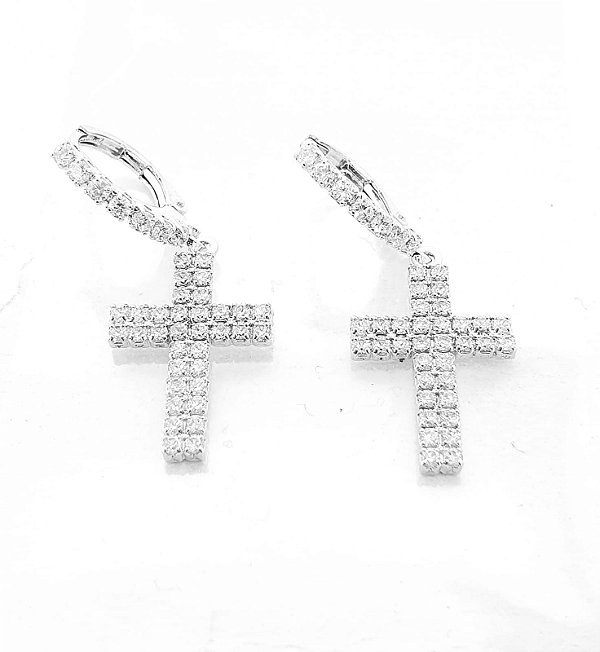 Brinco Masculino Par Argola Cravejada Com Cruz G Pendurada Banhada A Ouro Branco BRI034