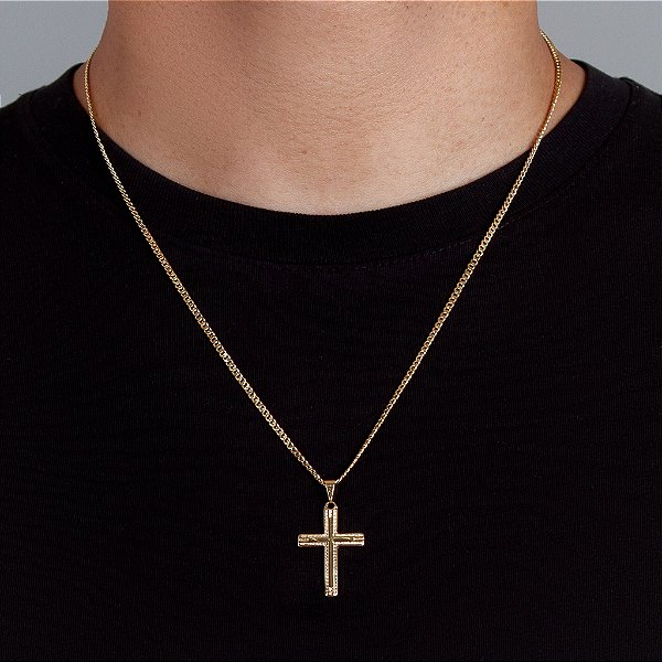 Corrente Grumet 60cm 2,3mm Fecho Tradicional + Pingente Cruz Detalhada (24X36mm) Banhado A Ouro 18k COR007-PIN006