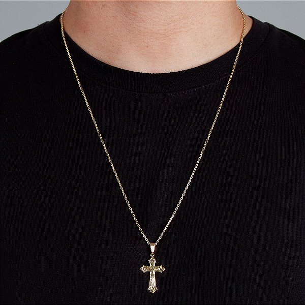 Corrente Elo Cadeado 70cm 2mm Fecho Tradicional + Pingente Cruz Com Cristo (32X20mm) Banhado A Ouro 18k COR011-PIN061
