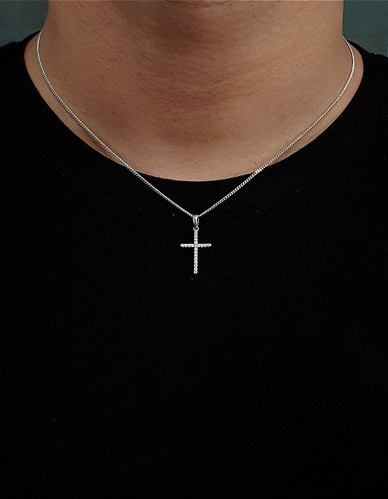 Corrente Grumet 50cm 1,4mm + Pingente Cruz Palito Chapada Cravejada (22X14,2mm) Banhado A Ouro Branco COR005-PIN009