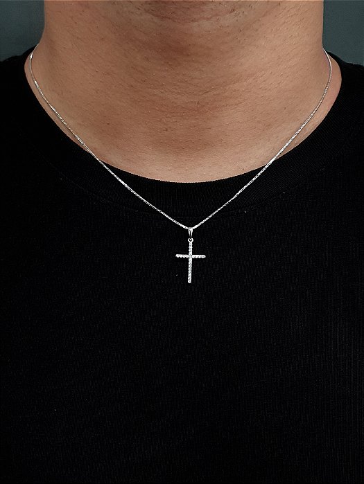 Corrente Veneziana 50cm 1mm + Pingente Cruz Palito Chapada Cravejada (22X14,2mm) Banhado A Ouro Branco COR002-PIN009