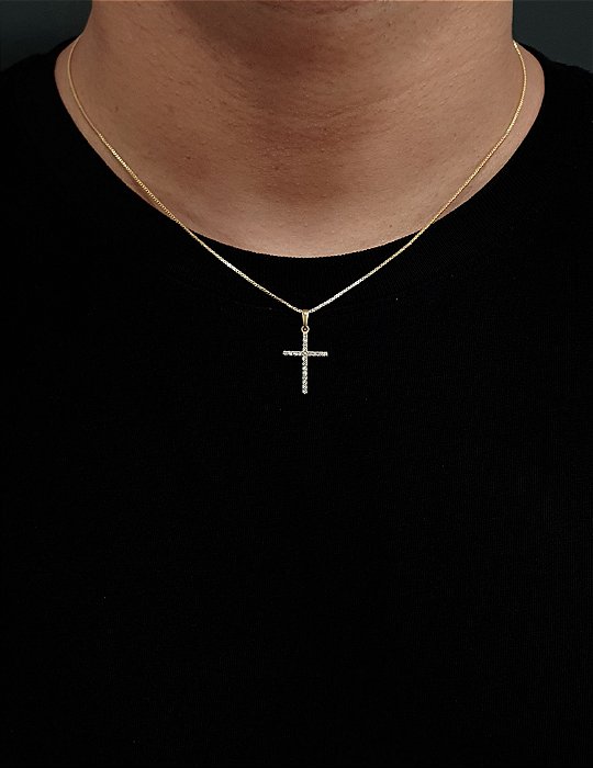 Corrente Veneziana 50cm 1mm + Pingente Cruz Palito Chapada Cravejada (22X14,2mm) Banhado A Ouro 18K COR009-PIN027