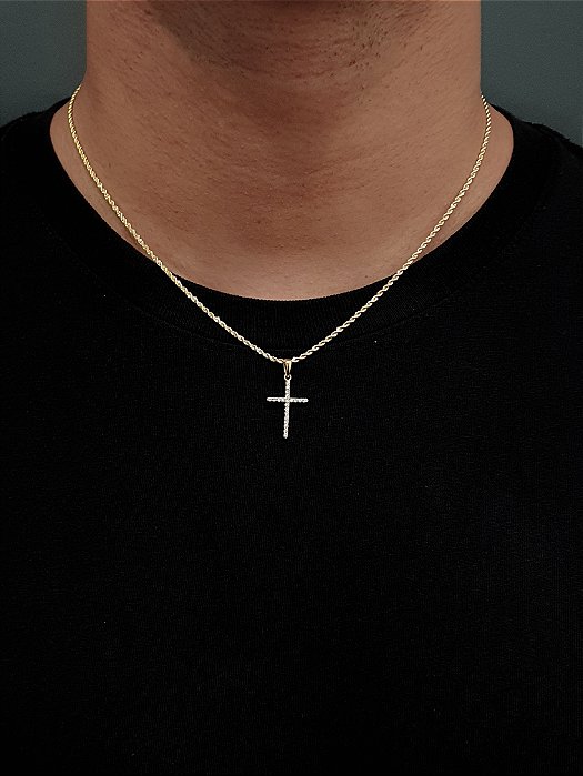 Corrente Cordão Baiano 50cm 1,6mm + Pingente Cruz Palito Chapada Cravejada (22X14,2mm) Banhado A Ouro 18K COR003-PIN027