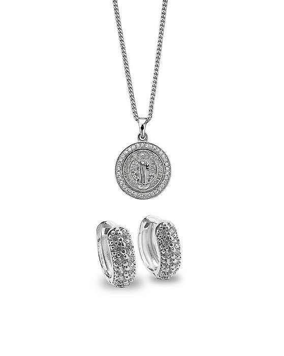 Corrente Grumet 50cm 1,4mm + Pingente São Bento Cravejado (18,5mm) + Brinco Masculino Par Argola Cravejada Com 12 Pedras (11,5X3,9mm) Banhada A Ouro Branco COR005-PIN021-BRI001