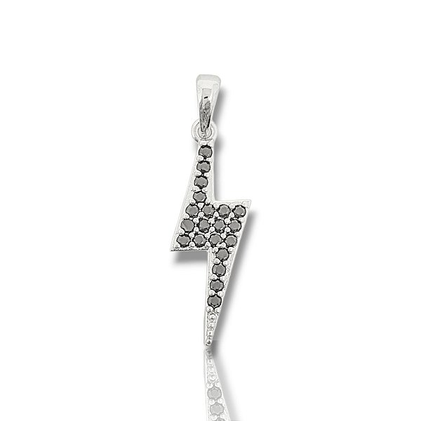 Pingente Raio Cravejado Com Pedras Pretas (7,8x21mm) Banhado A Ouro Branco PIN077