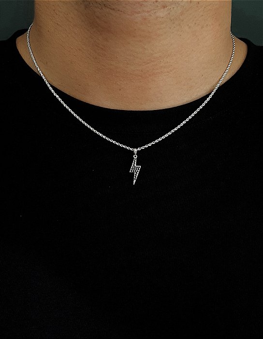 Corrente Cordão Baiano 50cm 1,6mm + Pingente Raio Cravejado Com Pedras Pretas (7,8x21mm) Banhado A Ouro Branco COR001-PI