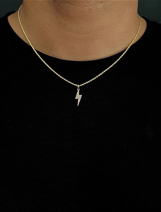 Corrente Cordão Baiano 50cm 1,6mm + Pingente Raio Cravejado (7,8x21mm) Banhado A Ouro 18k COR003-PIN078