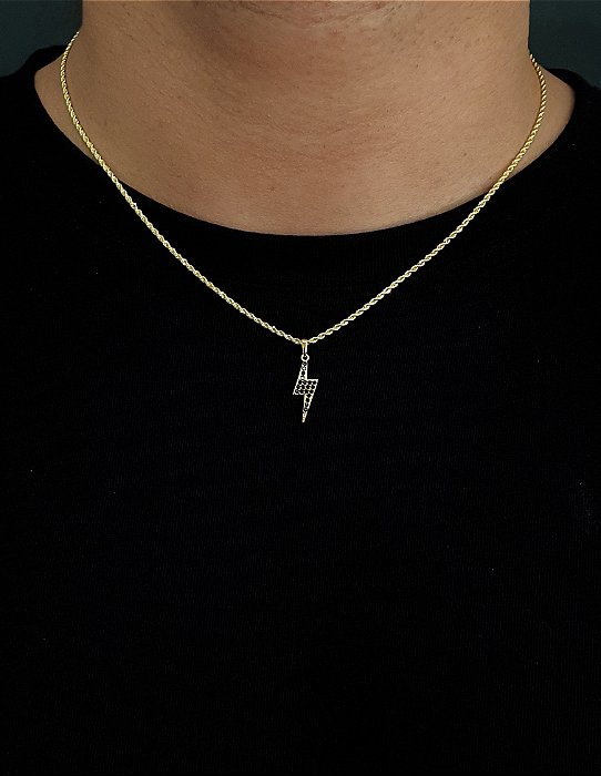 Corrente Cordão Baiano 50cm 1,6mm + Pingente Raio Cravejado Com Pedras Pretas (7,8x21mm) Banhado A Ouro 18k COR003-PIN079