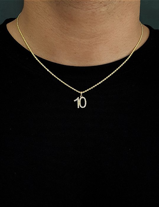 Corrente Cordão Baiano 50cm 1,6mm + Pingente Número 10 Cravejado (14x15mm) Banhado A Ouro 18k COR003-PIN083