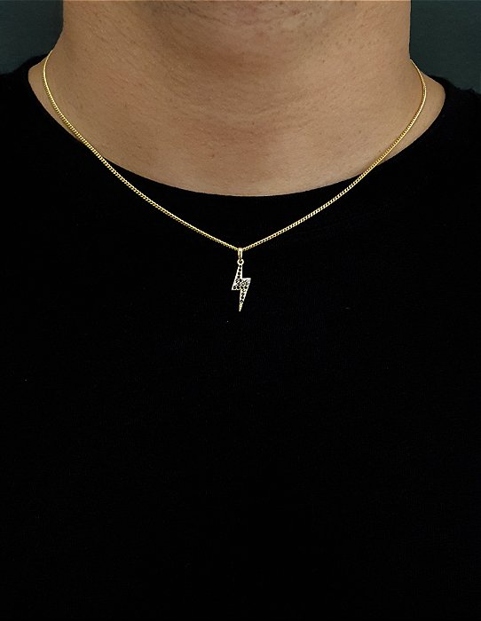 Corrente Grumet 50cm 1,4mm + Pingente Raio Cravejado Com Pedras Pretas (7,8x21mm) Banhado A Ouro 18k COR014-PIN079