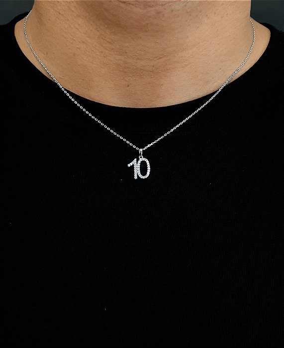 Corrente Elo Cadeado 50cm 1,2mm + Pingente Número 10 Cravejado (14x15mm) Banhado A Ouro Branco COR013-PIN082