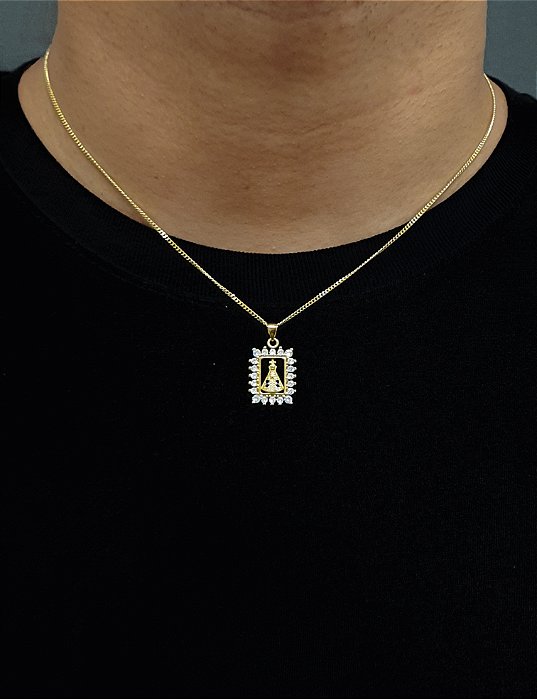 Corrente Grumet 50cm 1,4m + Pingente Nossa Senhora Cravejado Quadrado (15x18mm) Banhado A Ouro 18k COR014-PIN089