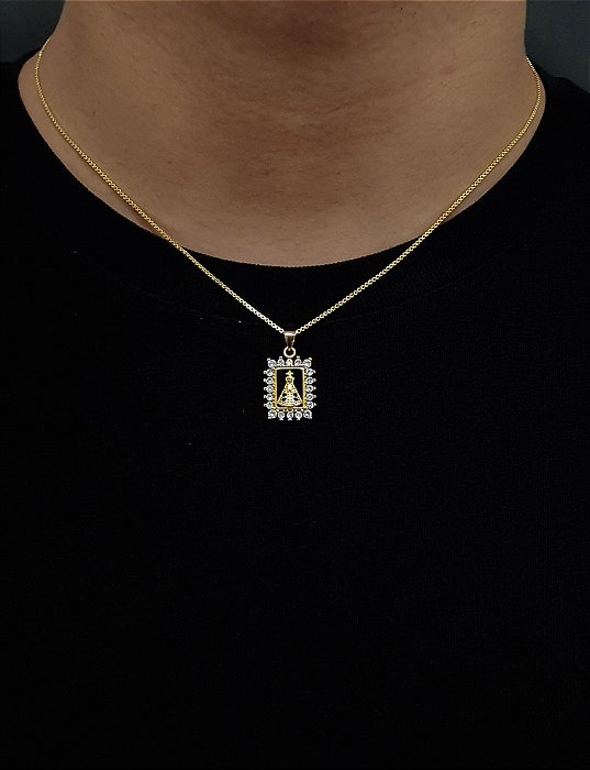 Corrente Veneziana 50cm 1mm + Pingente Nossa Senhora Cravejado Quadrado (15x18mm) Banhado A Ouro 18k COR009-PIN089