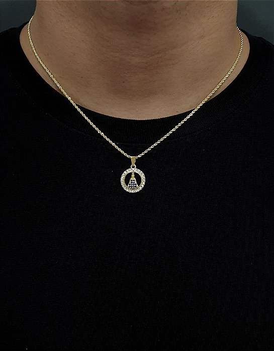 Corrente Cordão Baiano 50cm 1,6mm + Pingente Nossa Senhora Cravejado Redondo (16,5mm) Banhado A Ouro 18k COR003-PIN091