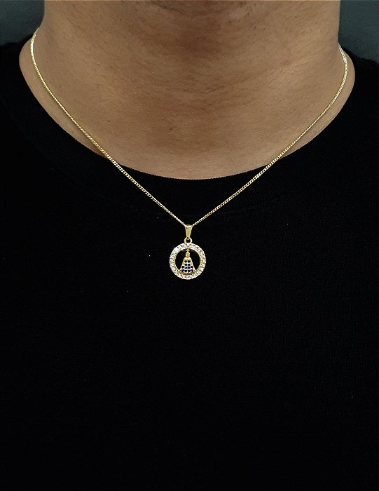 Corrente Grumet 50cm 1,4m + Pingente Nossa Senhora Cravejado Redondo (16,5mm) Banhado A Ouro 18k COR014-PIN091