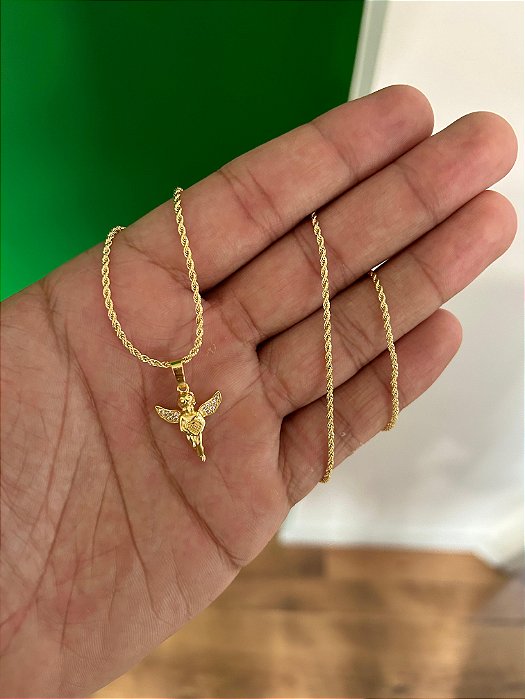Corrente Cordão Baiano 50cm 1,6mm + Pingente Anjo Cravejado (19x16mm) Banhado A Ouro 18k COR003-PIN105