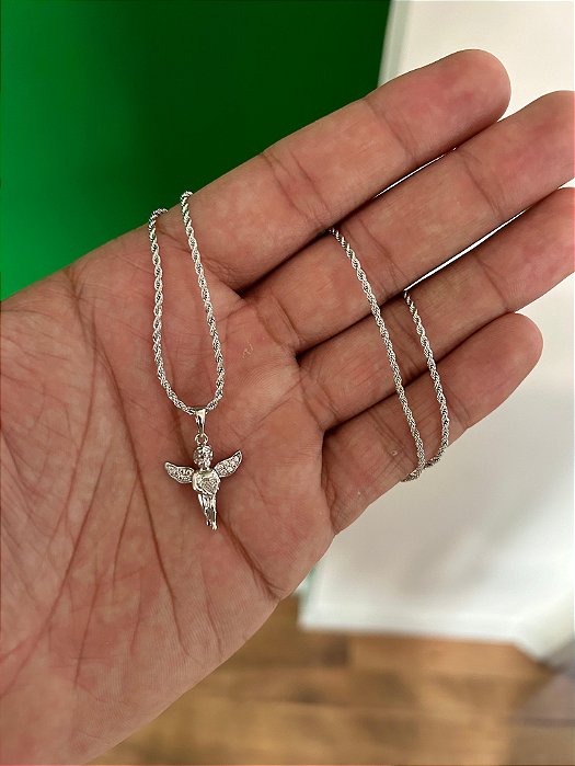 Corrente Cordão Baiano 50cm 1,6mm + Pingente Anjo Cravejado (19x16mm) Banhado A Ouro Branco COR001-PIN095