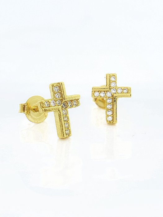 Brinco Masculino Par Cruz Cravejada 12 Pedras (9,5X7,6mm) Banhada A Ouro 18k BRI159