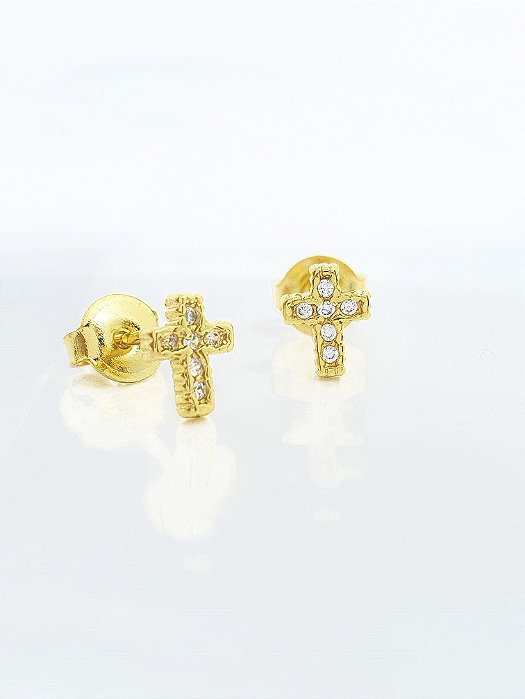 Brinco Masculino Par Cruz Cravejada 6 Pedras (6,5X5,2mm) Banhada A Ouro 18k BRI162