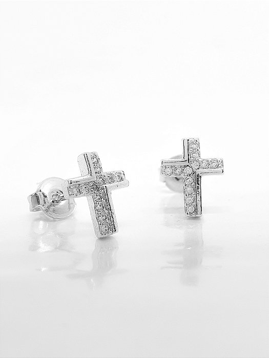 Brinco Masculino Par Cruz Cravejada 12 Pedras (9,5X7,6mm) Banhada A Ouro Branco BRI160