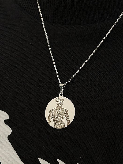 Corrente 50cm + Pingente Medalha Redonda Personalizada (25mm) Banhada A Ouro Branco