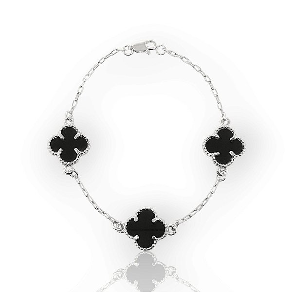 Pulseira Trevo Preta Banhada A Ouro Branco PUL054