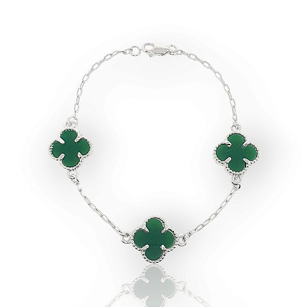 Pulseira Trevo Verde Banhada A Ouro Branco PUL055