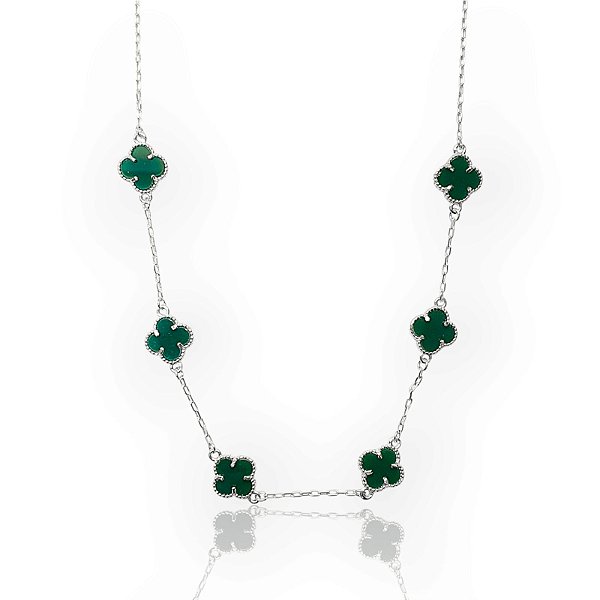 Corrente Trevo Verde 55cm Banhada A Ouro Branco COR069
