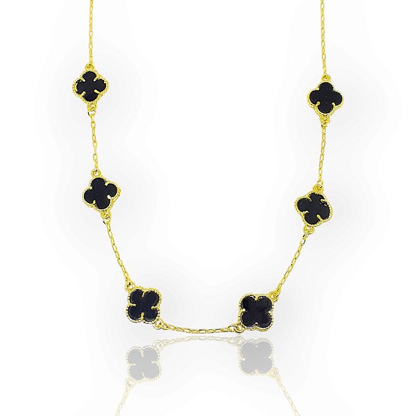 Corrente Trevo Preta 55cm Banhada A Ouro 18k COR070