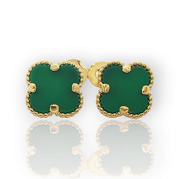 Brinco Masculino Par Trevo Verde Banhada A Ouro 18k