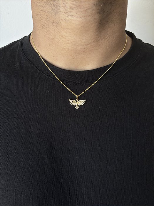 Corrente Grumet 50cm 1,4mm + Pingente Passaro Cravejado (24,3X15,2mm) Banhado A Ouro 18k COR014-PIN112