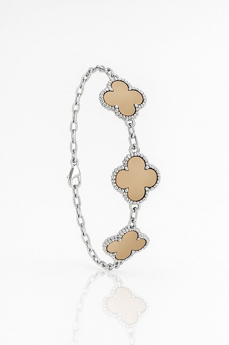 Pulseira Trevo Marrom Banhada A Ouro Branco PUL059