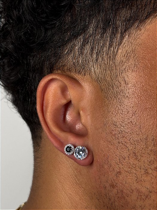 Kit Brinco Fílip Imperial + Brinco Masculino Par Redondo Cravejado Fílip 1 Pedra Preta (7mm) Banhado A Ouro Branco BRI19