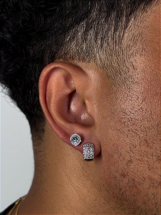 Kit Brinco Masculino Par Argola Cravejada Com 29 Pedras + Brinco Fílip Blue Banhado A Ouro Branco BRI003-BRI191