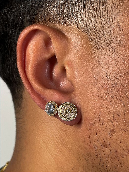 Kit Brinco Masculino Par Redondo Cravejado Pedra Retangular (12mm) + Brinco Fílip Imperial Banhado A Ouro 18k BRI167-BRI