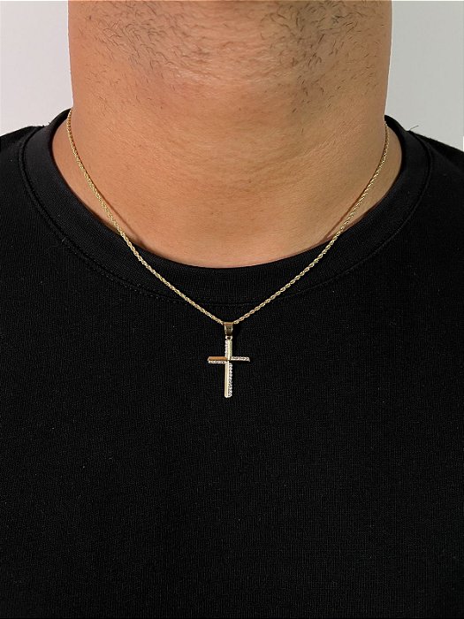 Corrente Cordão Baiano 50cm 1,6mm + Pingente Cruz Linear Banhado A Ouro 18K COR003-PIN130