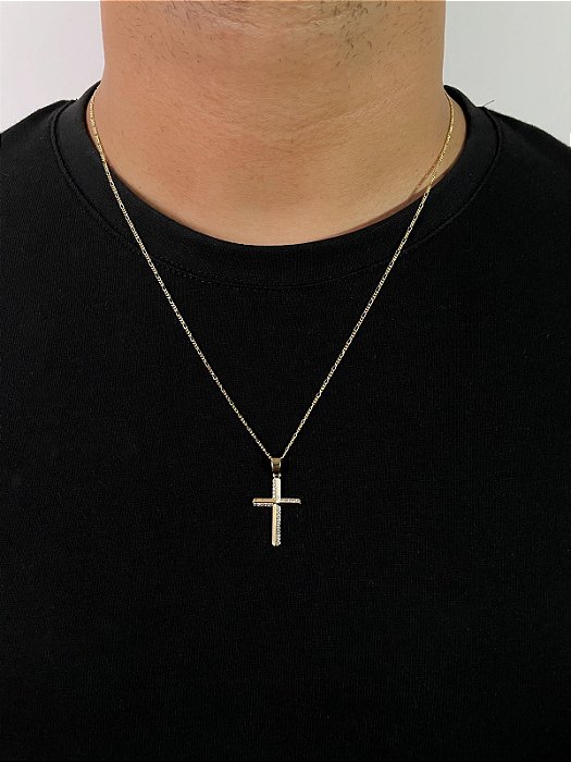 Corrente 3 por 1 - 60cm 1,4mm +  Pingente Cruz Linear Banhada A Ouro 18k COR020-PIN130