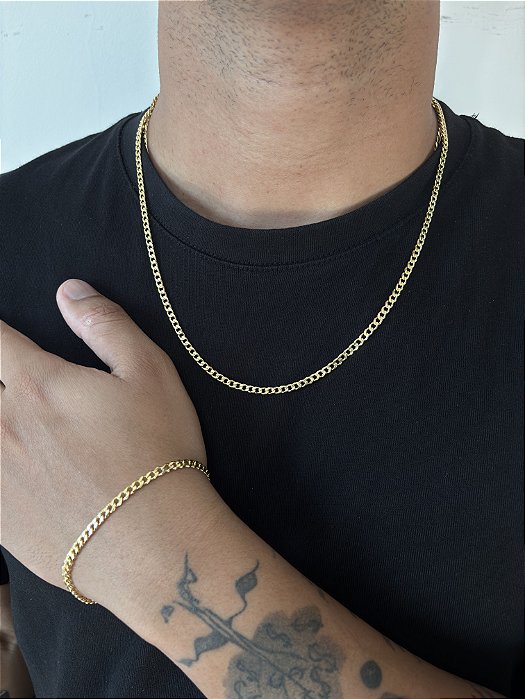Kit Corrente Grumet + Pulseira Grumet 4mm Banhado A Ouro 18K
