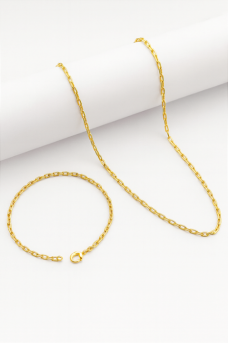 Kit Corrente Elo Cadeado + Pulseira Elo Cadeado 4mm Banhado A Ouro 18K